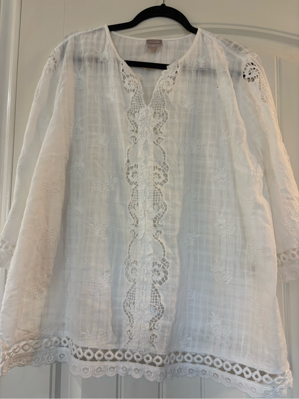 Chico's White Embroidered Lace-Detail Tunic